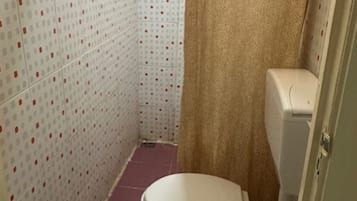 Um banheiro pequeno com vaso sanitário, chuveiro cortinado e paredes azulejadas.