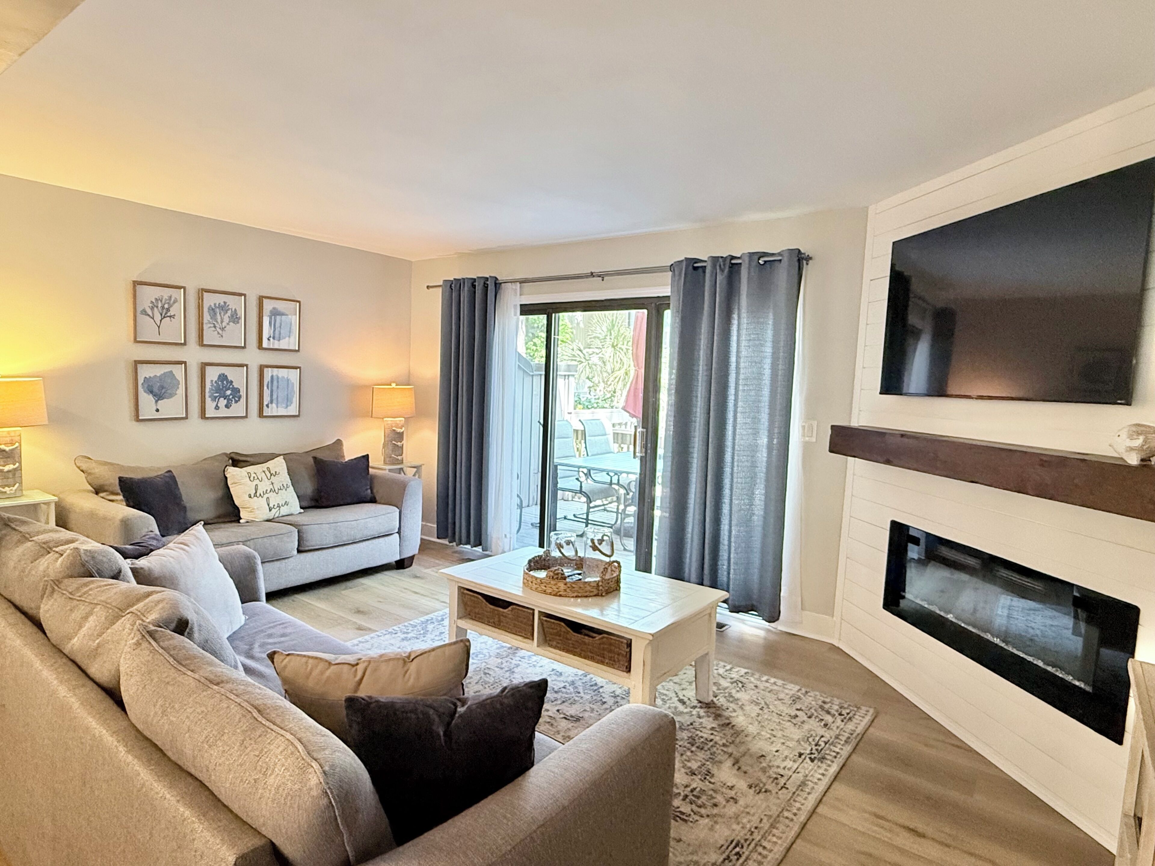 Smart TV, fireplace, books