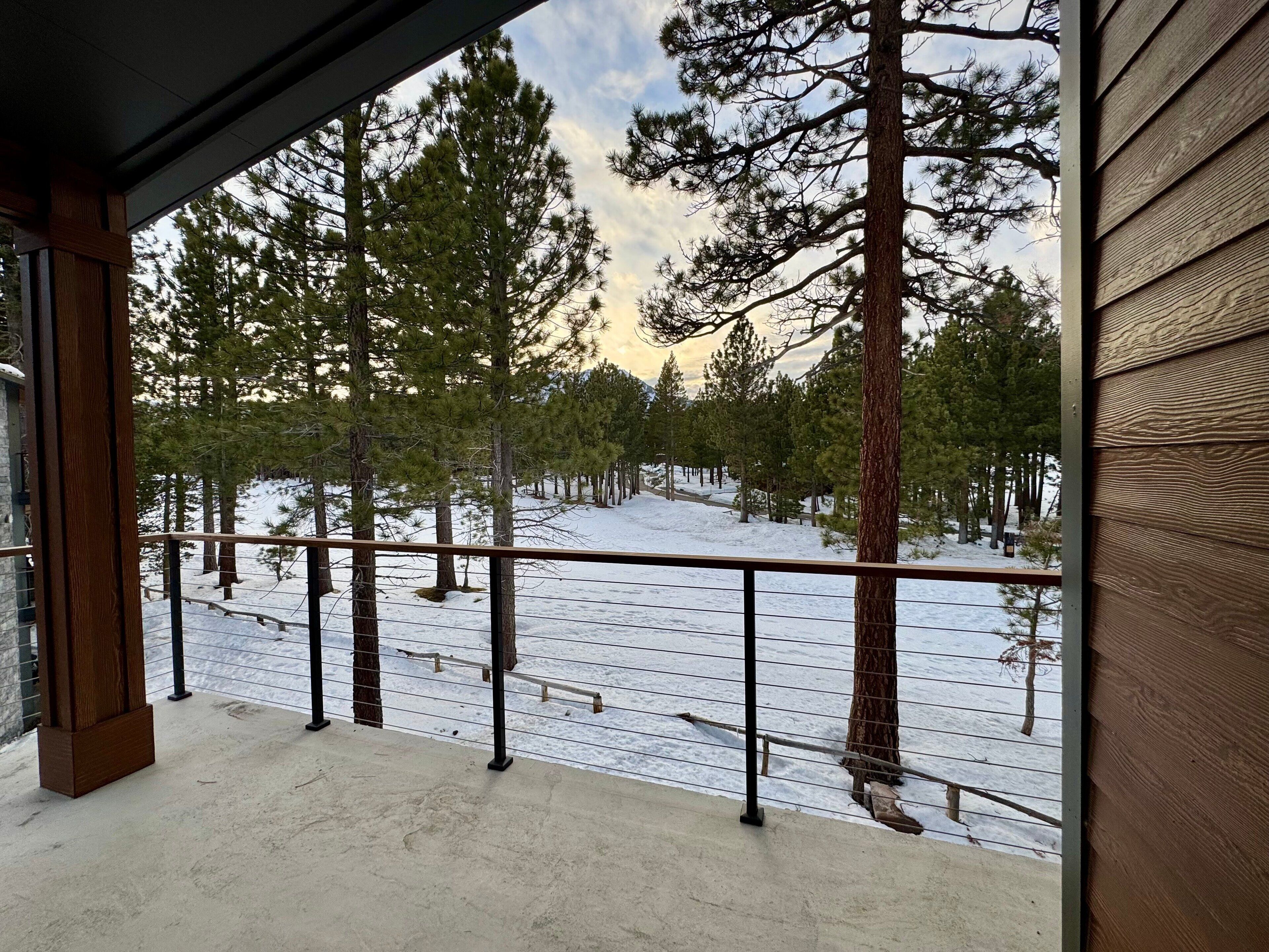 A balcony with a view of a snowy forest.