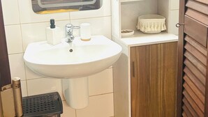 A bathroom with a white sink, mirror, and wooden cabinet. - Studio in a green setting 15 min from the Jarry industrial zone and 2 min from the rivers. (Petit-Bourg)