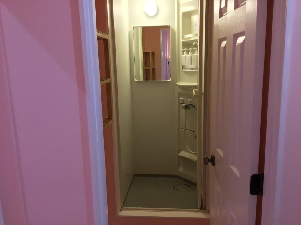 Un área de ducha pequeña y cerrada con puerta de vidrio, un espejo sobre el lavabo y un estante con artículos de aseo.