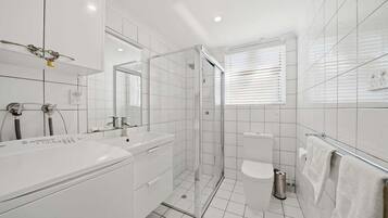 Hair dryer, towels, soap, shampoo