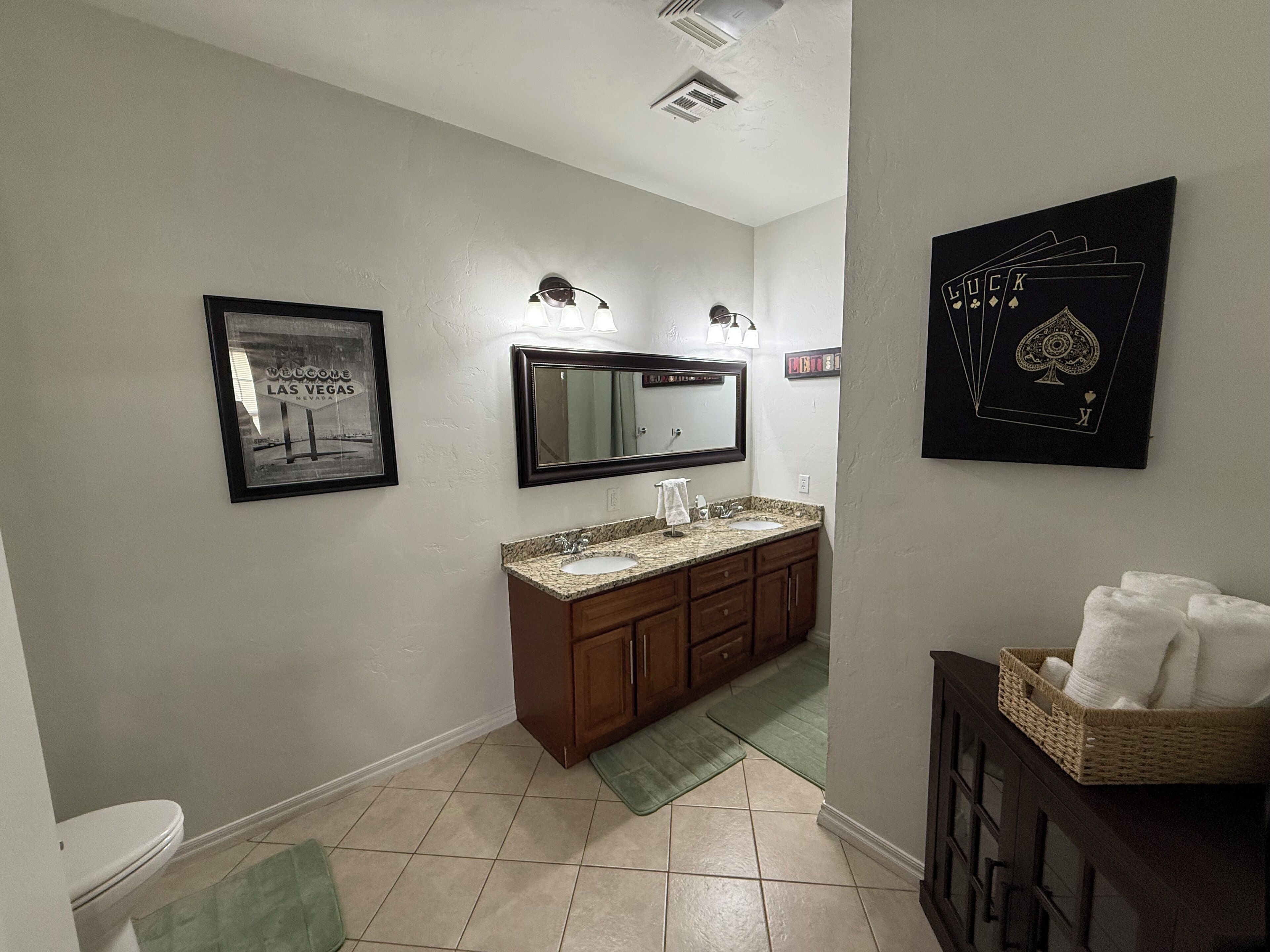 Shower, towels, soap, toilet paper