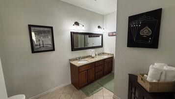 Shower, towels, soap, toilet paper