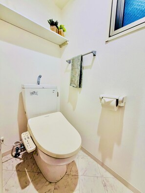 Hair dryer, bidet, towels, soap