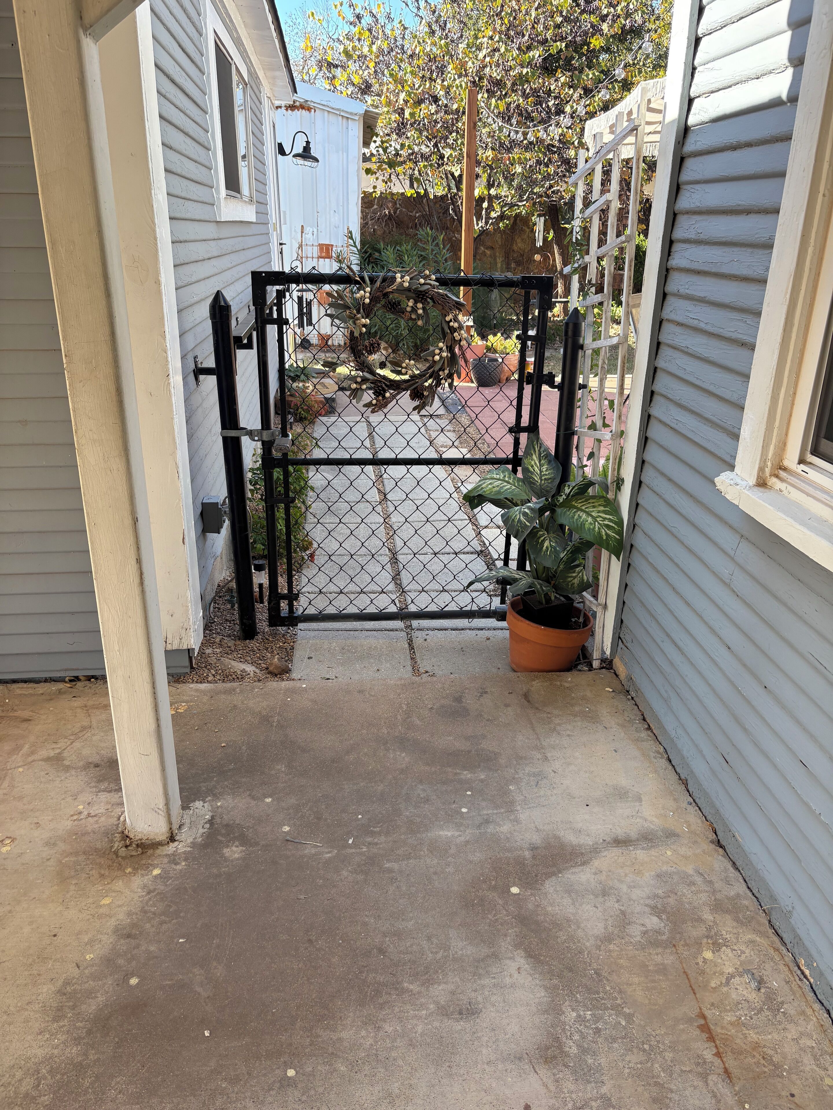 A gated entrance to a property with a concrete pathway leading to a potted plant.