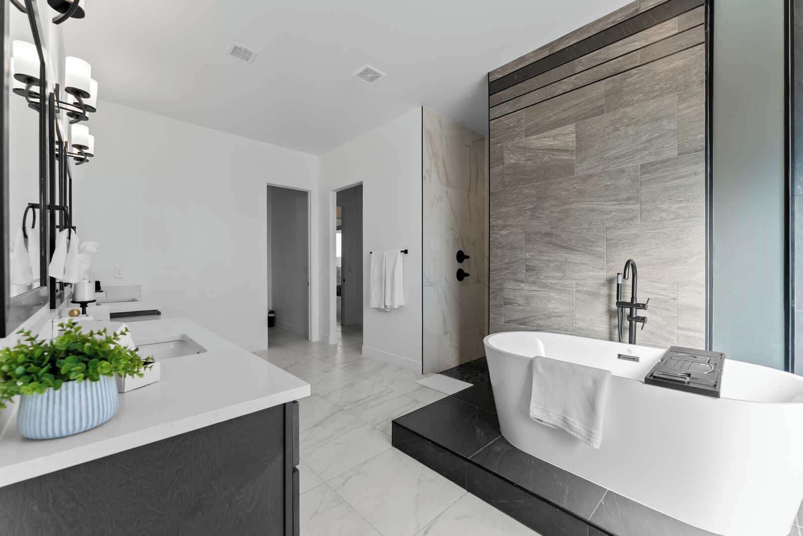 Shower, hair dryer, towels, shampoo