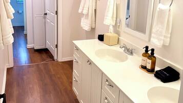Eco-friendly toiletries, hair dryer, towels, soap