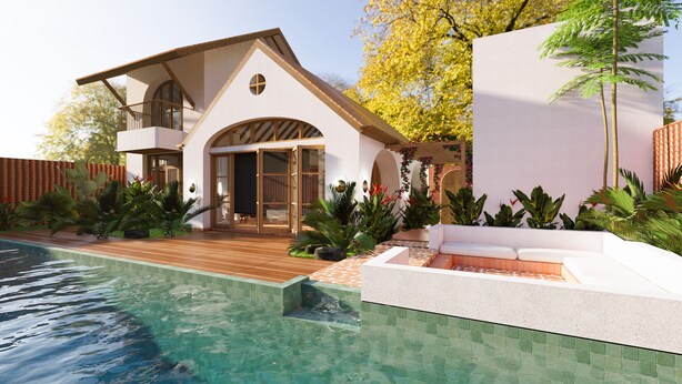 A modern house with a swimming pool, large windows, and a patio area. - Villa Meru (Seminyak)