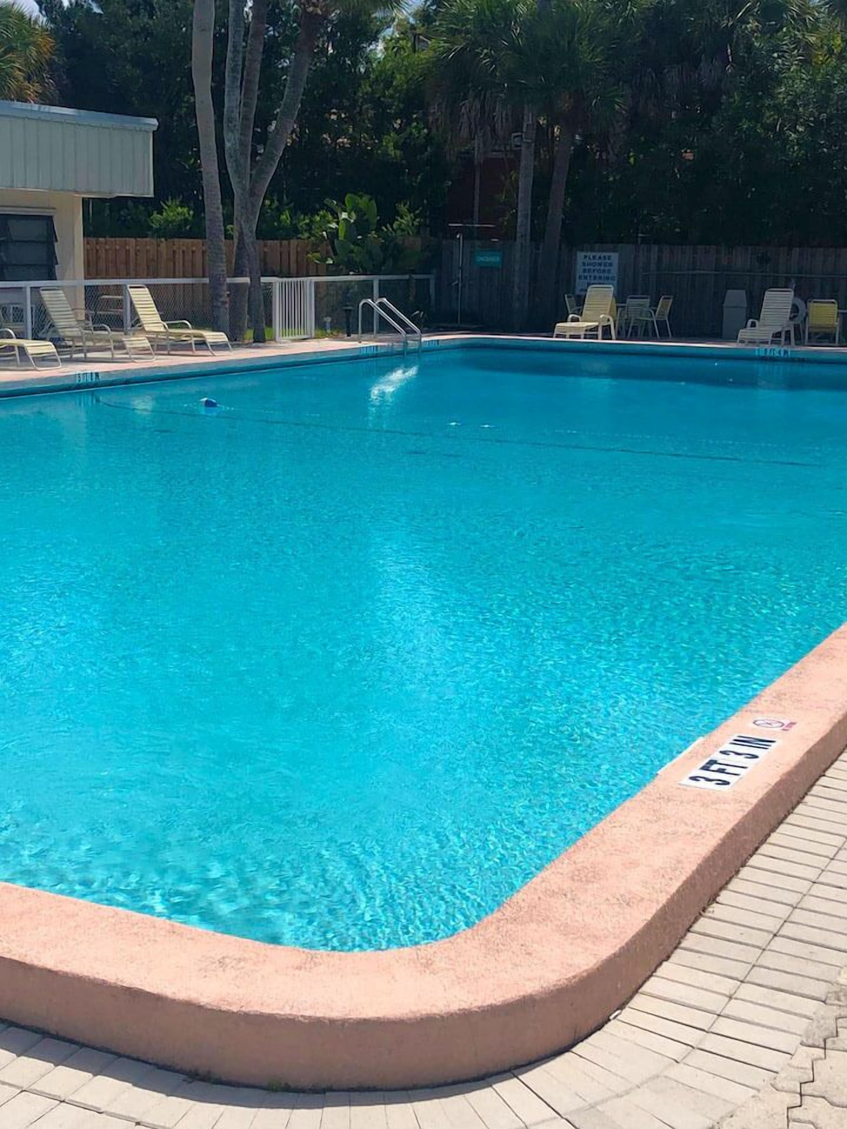 Una piscina rectangular con una marca de profundidad de 3 pies 3 pulgadas, rodeada por un pavimento de ladrillo y protegida por palmeras.