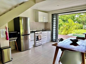 Fridge, microwave, stovetop, electric kettle