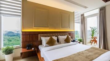 Premium bedding, blackout curtains, soundproofing