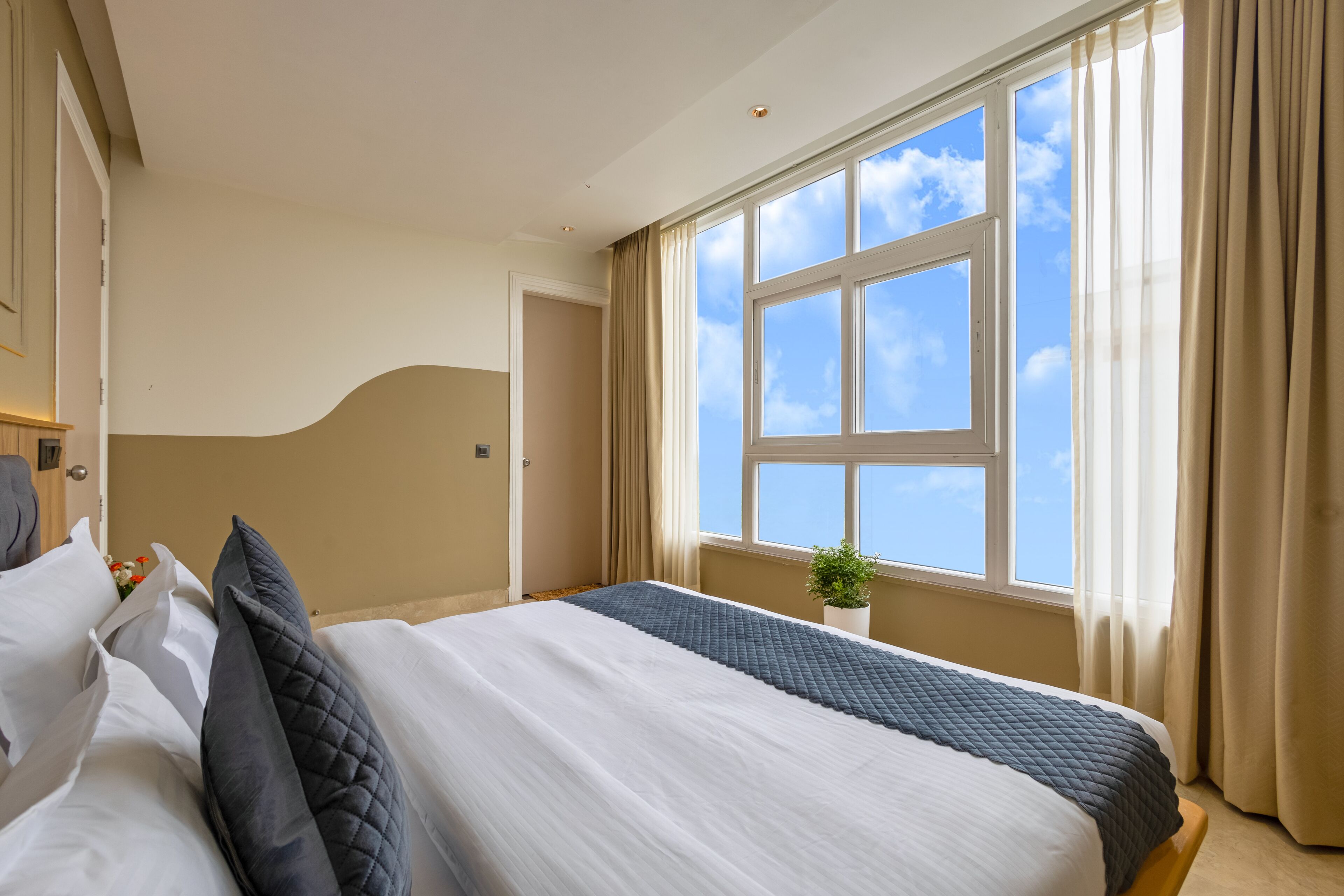 Habitación de hotel con una cama grande, una planta en maceta y vista al cielo a través de una ventana.