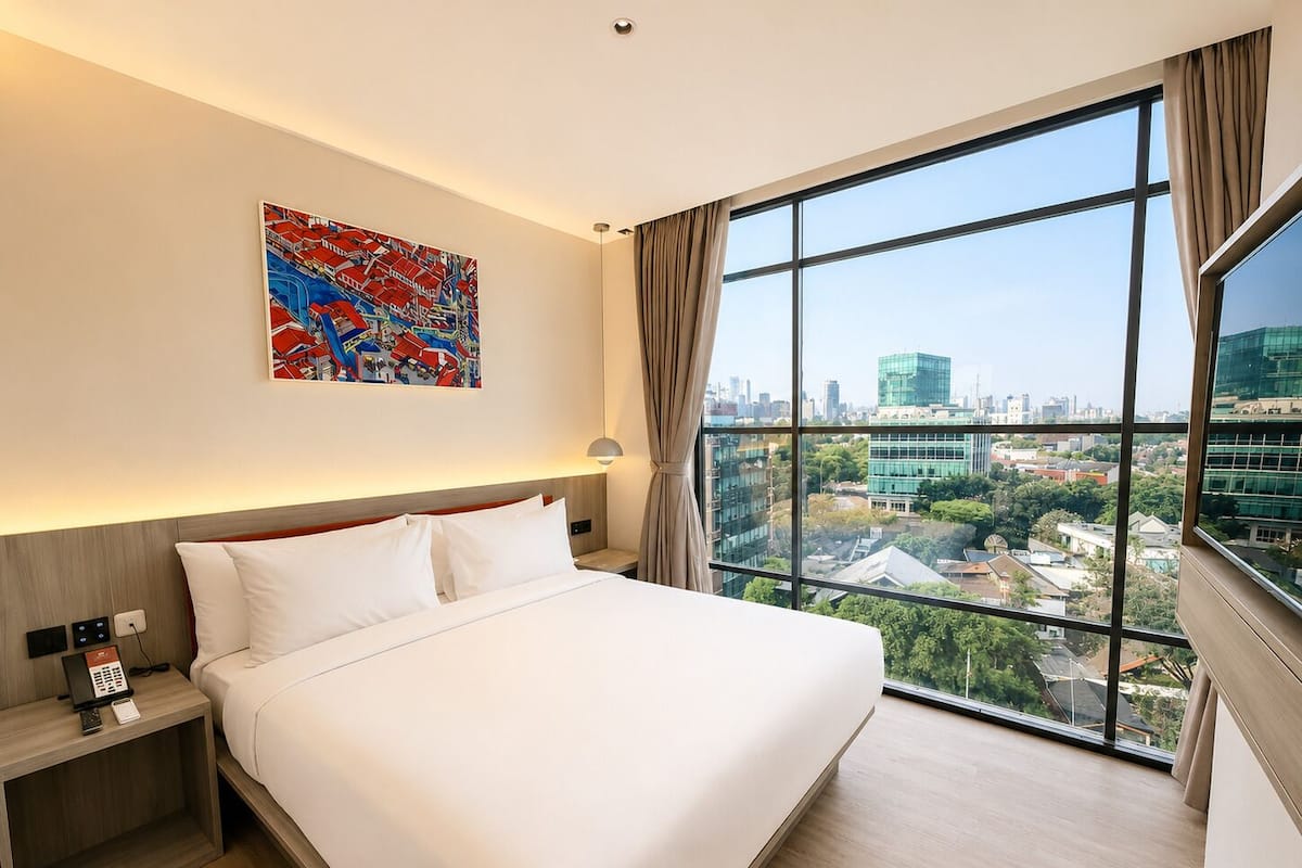 Camera d'albergo con un letto grande, un comodino con il telefono, un quadro appeso al muro e vista sulla città attraverso ampie finestre.