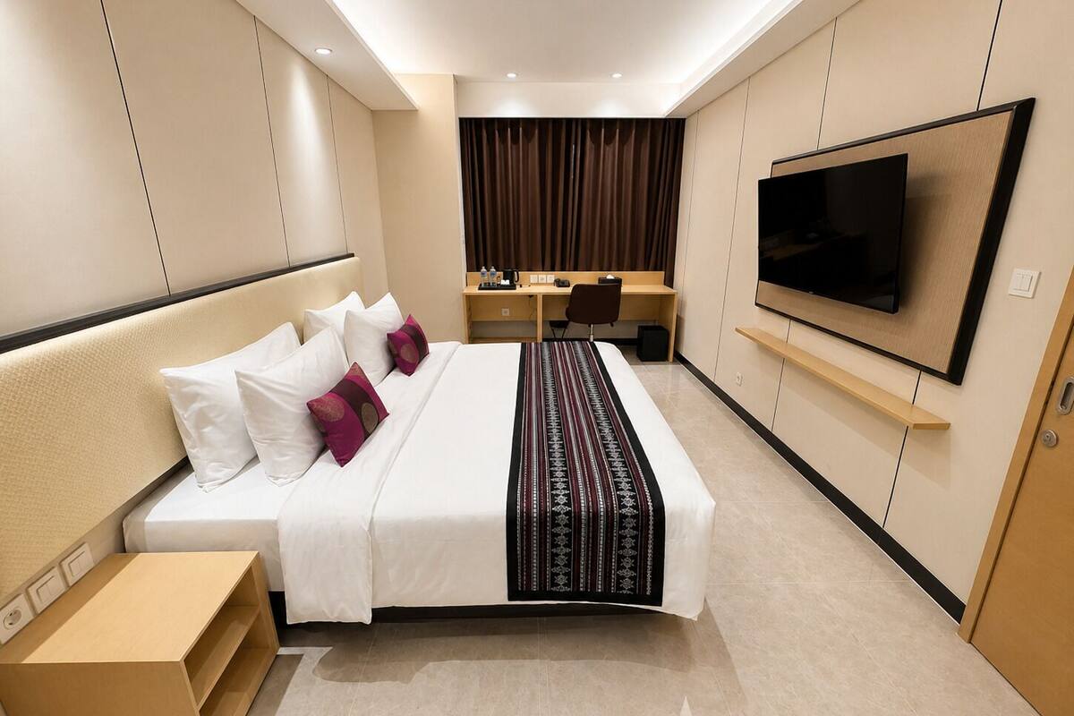 A modern hotel room with a bed, a desk, a chair, a television, and a wardrobe.