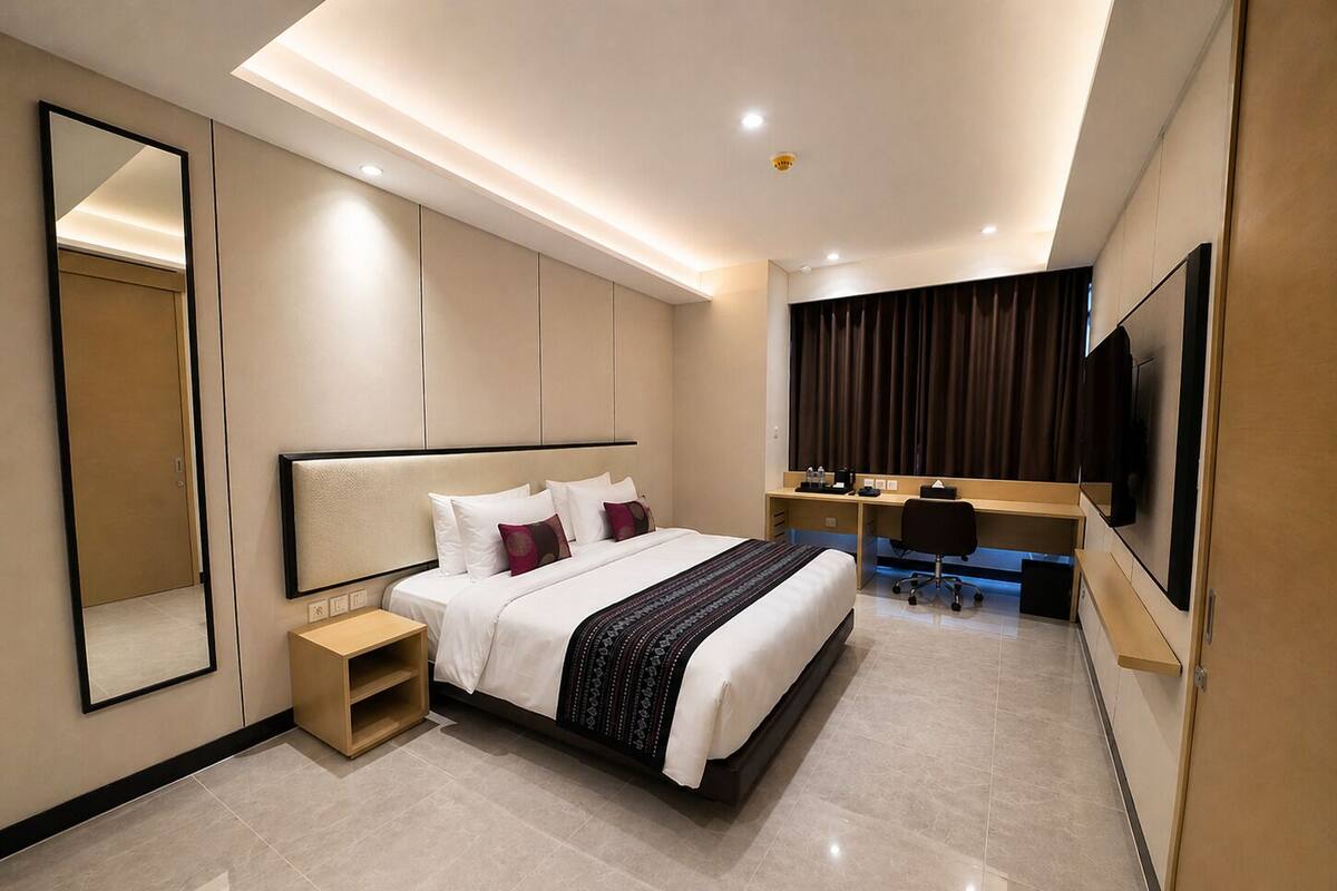 A modern hotel room with a large bed, a desk, a chair, a TV, and a wardrobe.