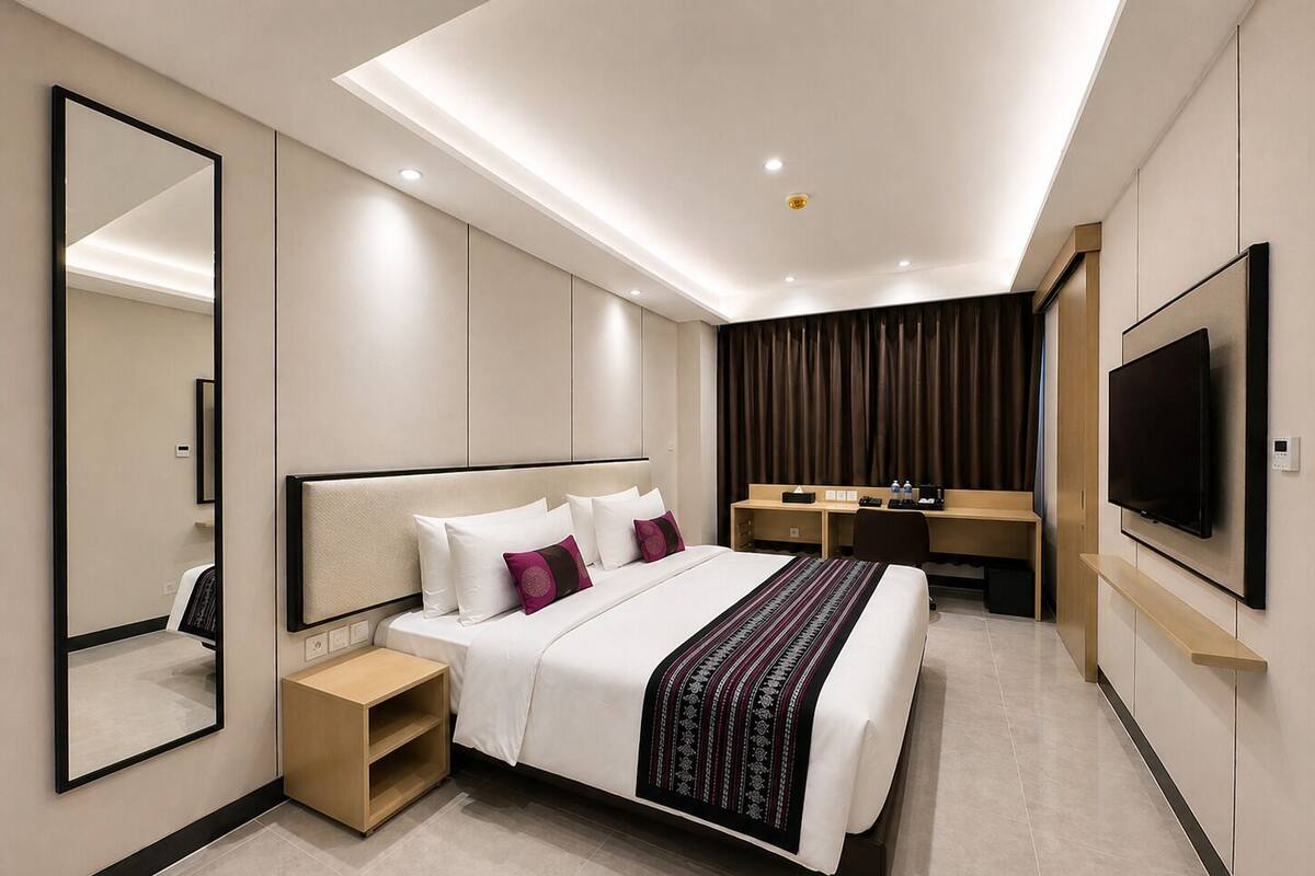A modern hotel room with a large bed, a desk, a television, and a mirror.