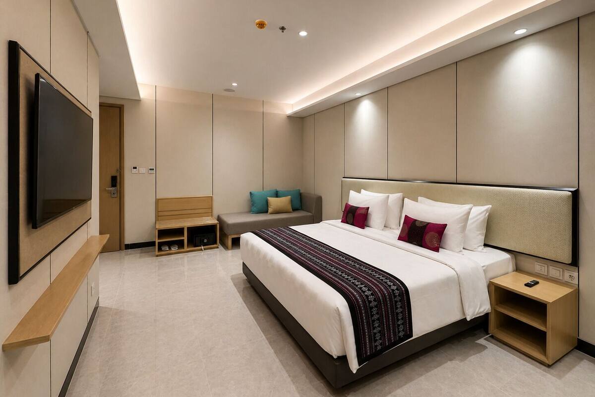 A modern hotel room with a large bed, bedside tables, a TV, and a seating area.