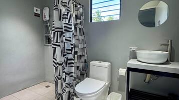 Shower, bidet, towels, soap