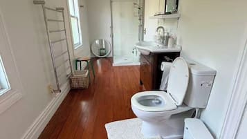 Hair dryer, towels, soap, toilet paper