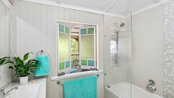 Hair dryer, towels, soap, toilet paper