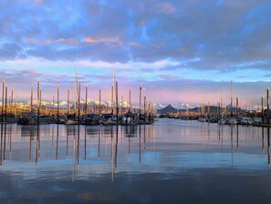 A marina with numerous boats docked, calm water, and a mountain range in the background.
