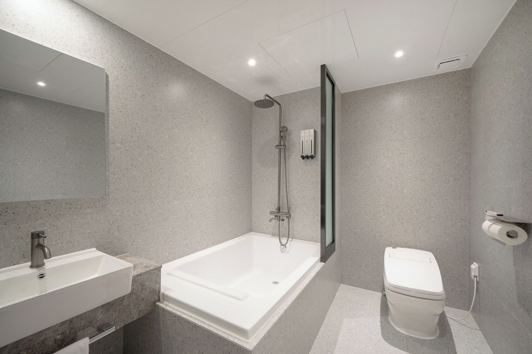 A modern bathroom with a freestanding bathtub, a sink, and a toilet.