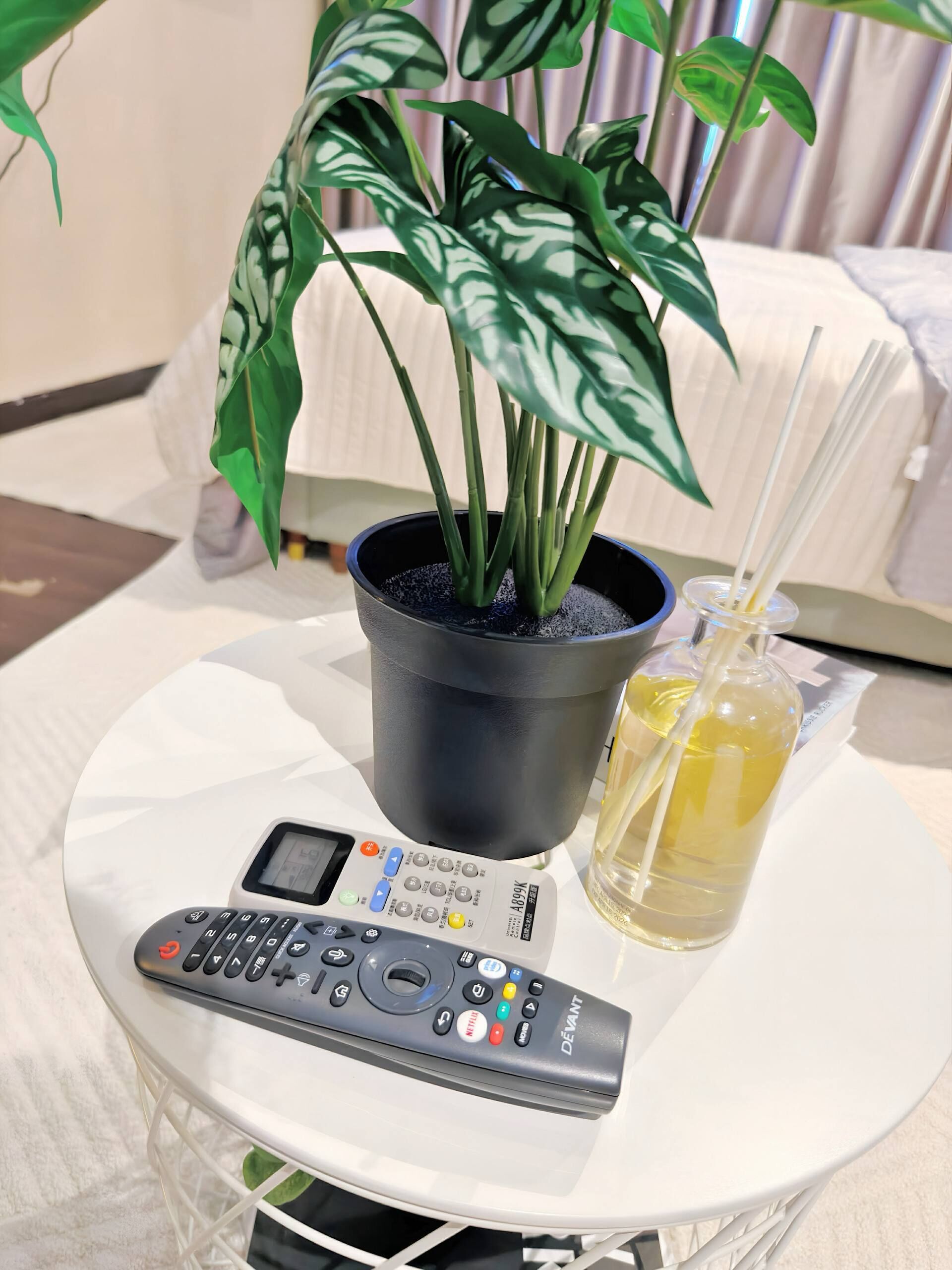 A remote control, a potted plant, and a bottle of water on a white table.