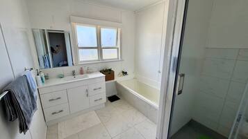 Hair dryer, towels, soap, toilet paper