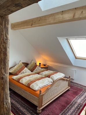 Un dormitorio tipo loft con techo inclinado, estructura de cama de madera, alfombra roja estampada y tragaluz.