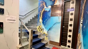 A hotel lobby with a marble staircase, a blue carpeted landing, and a wall mural. - Hotel Grande Villa Near Delhi Airport (New Delhi)