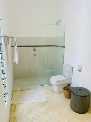 Douche, sèche-cheveux, serviettes fournies, savon
