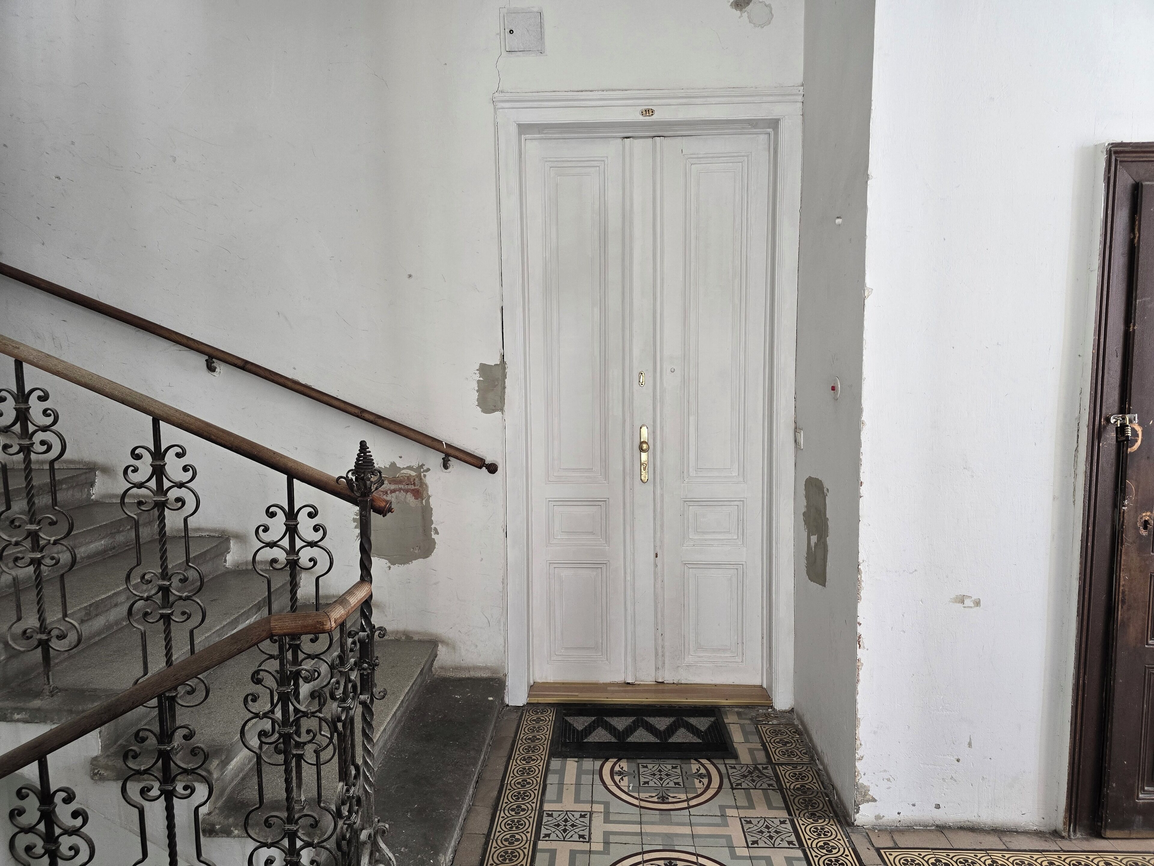 A staircase with ornate metal railings and a white door with a brass handle.