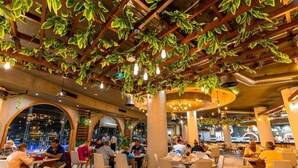 A restaurant with a wooden ceiling adorned with hanging plants and pendant lights, featuring a spacious dining area with tables and chairs.