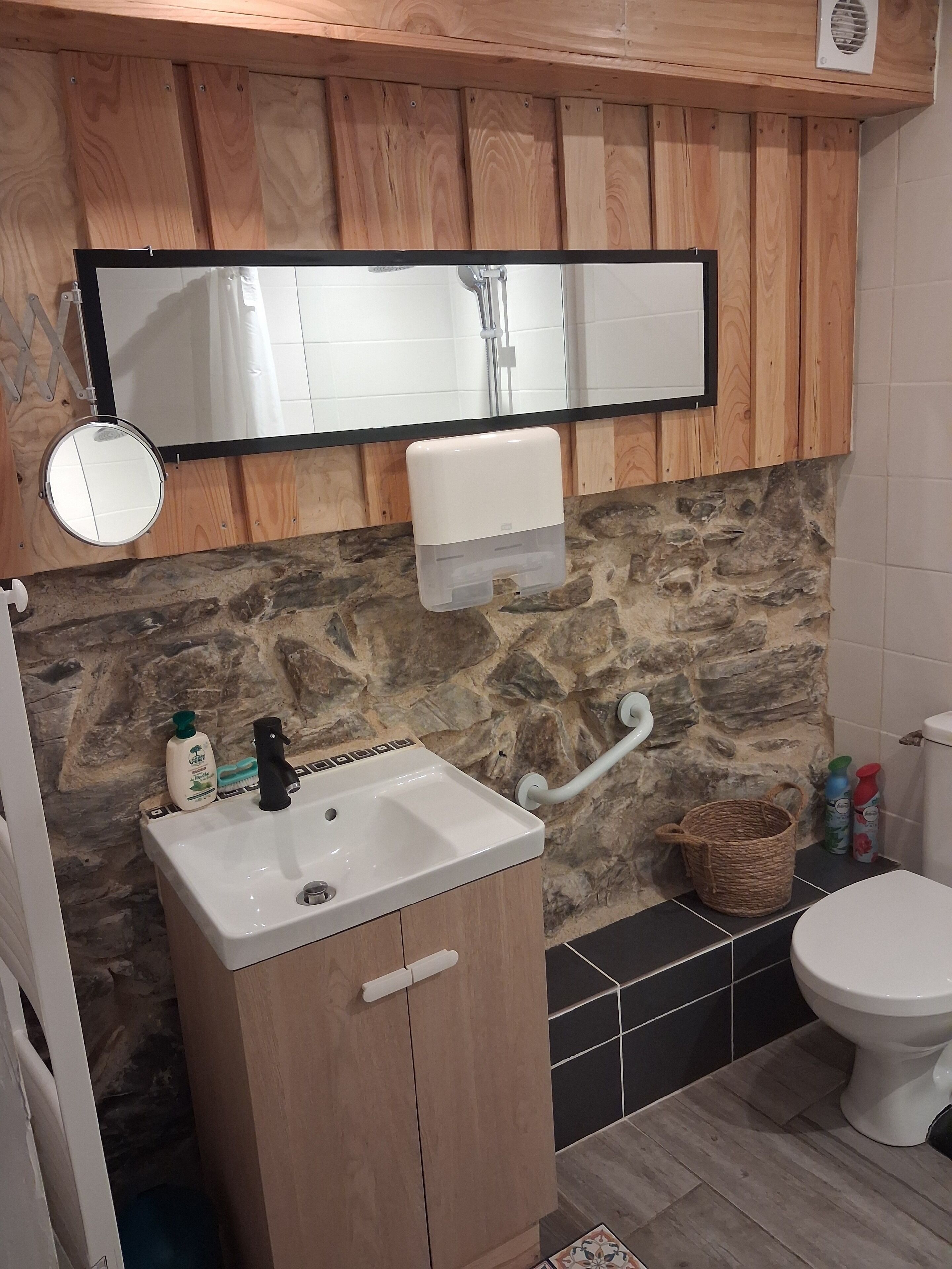 Hair dryer, soap, toilet paper