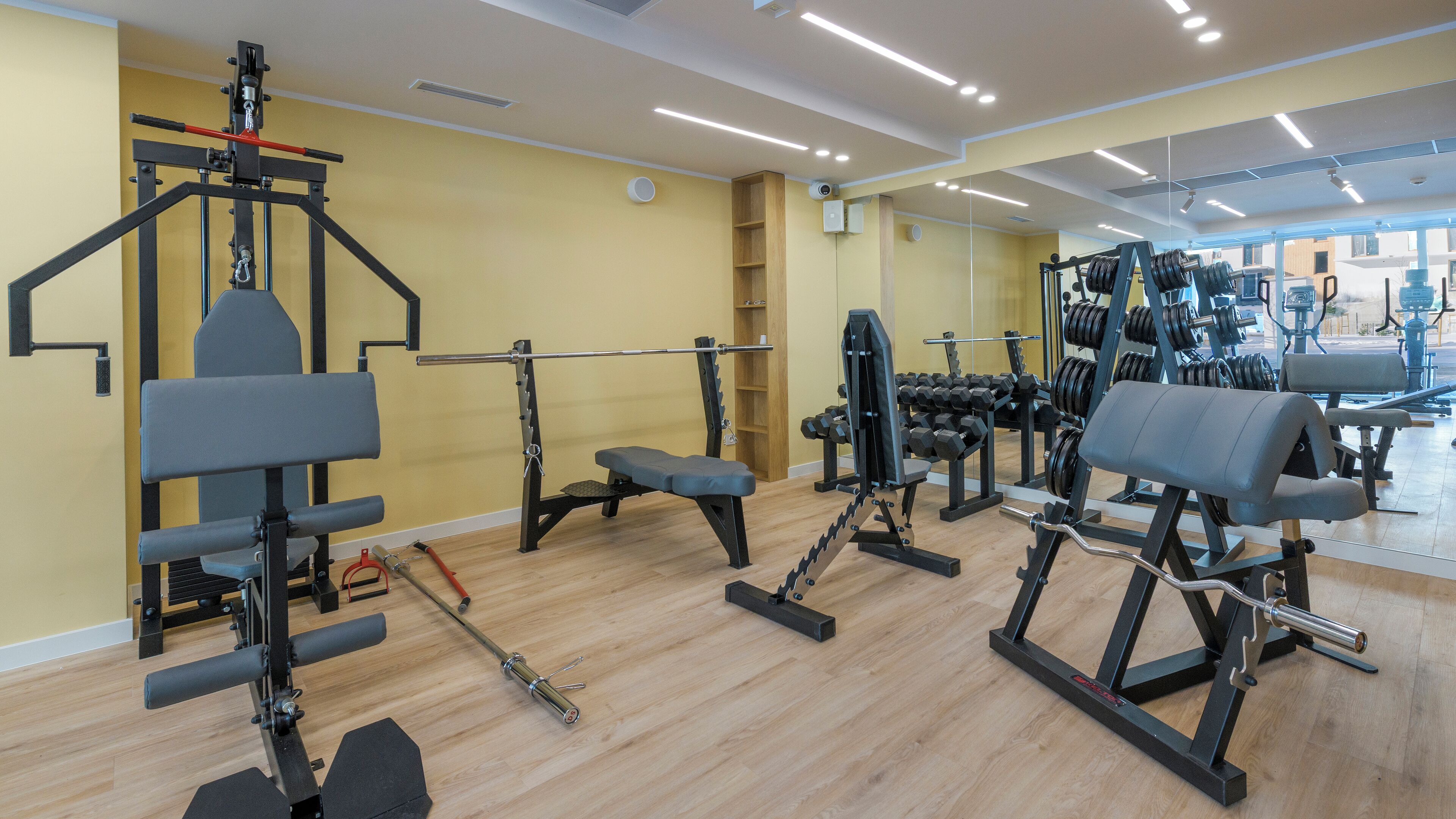Ein Fitnessstudio mit verschiedenen Trainingsgeräten, darunter Bänke, Kurzhanteln und Kraftgeräte.
