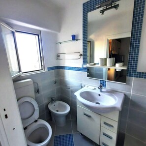 Hair dryer, towels, soap, toilet paper