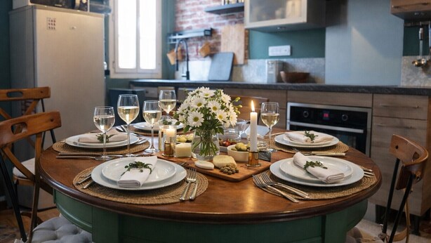 Un comedor con una mesa redonda dispuesta para cuatro personas, rodeada de sillas. En la mesa hay una vela y un florero con flores.