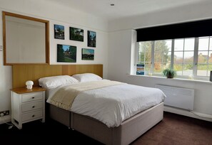 A bedroom with a bed, a nightstand, a window with a view, and wall art.