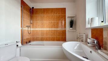 Hair dryer, towels, soap, toilet paper