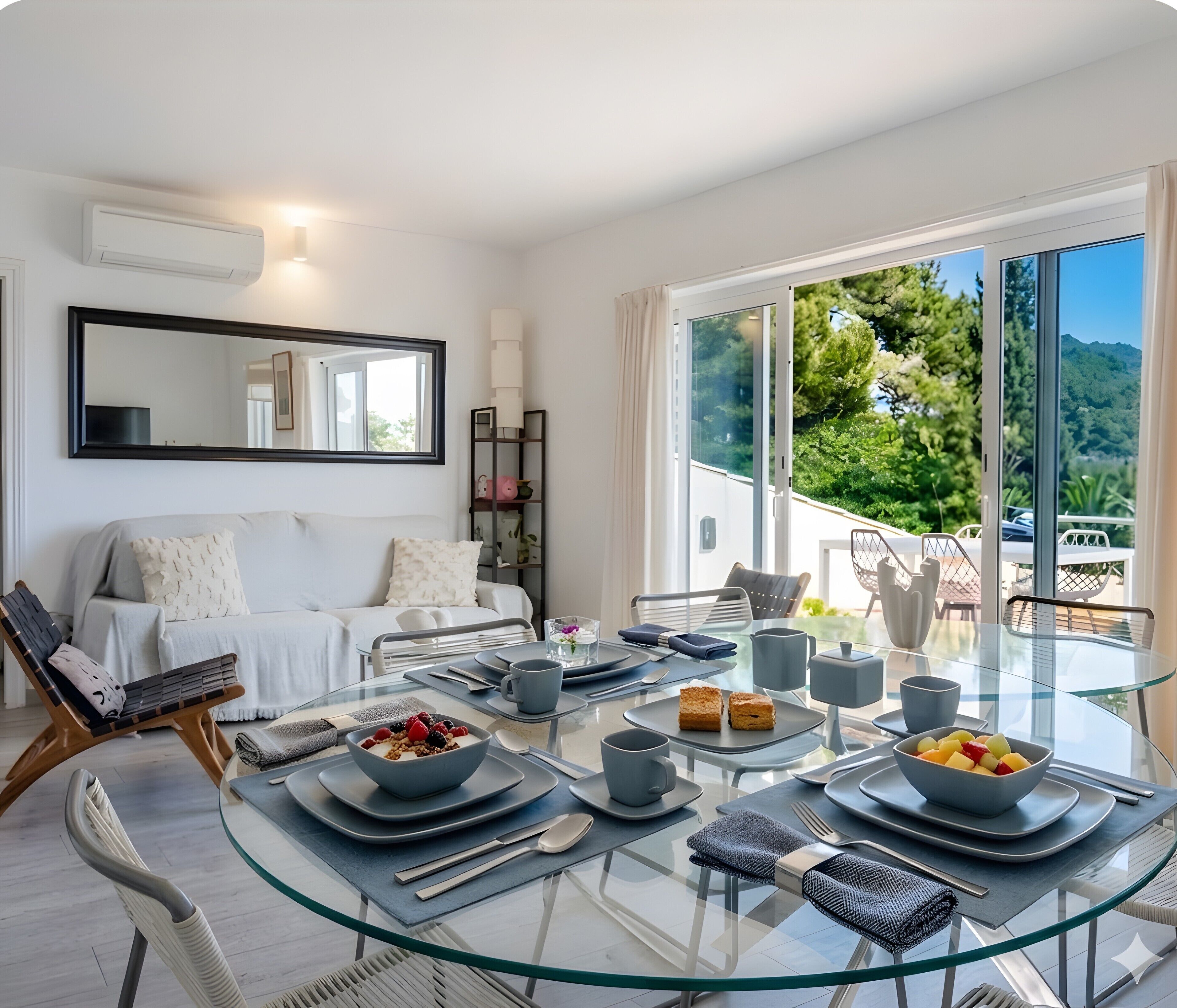 Ein modernes Wohnzimmer mit einem Glastisch, weißen Sofas und einem großen Fenster mit Blick auf Grünflächen.
