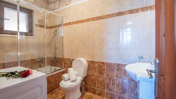 Hair dryer, towels, soap, toilet paper