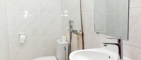 Shower, towels, toilet paper
