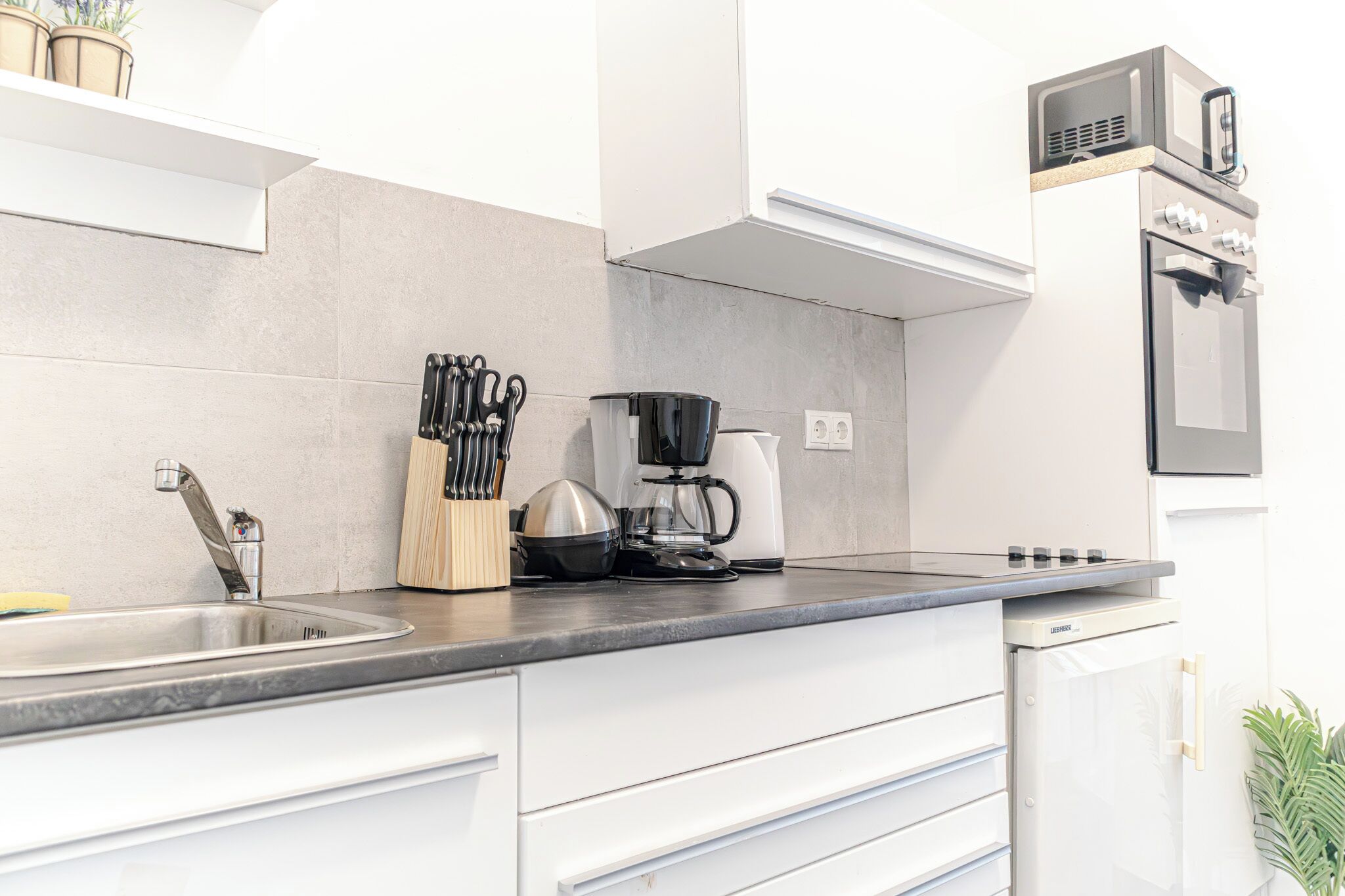 เบสิกอพาร์ทเมนท์ | ครัวส่วนตัว | ตู้เย็นเล็ก, ไมโครเวฟ, เตาอบ, เตาประกอบอาหาร