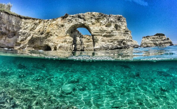 Une vue sous-marine dégagée d’une côte rocheuse avec une arche naturelle.