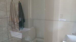 A bathroom with a glass shower enclosure, a toilet, and a sink. - 7the Heaven Guest unit
Perfect over night stay in the winelands of paarl. (Paarl)