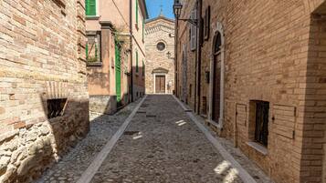 A cobblestone street flanked by historic buildings with arched windows and a central building with a dome.