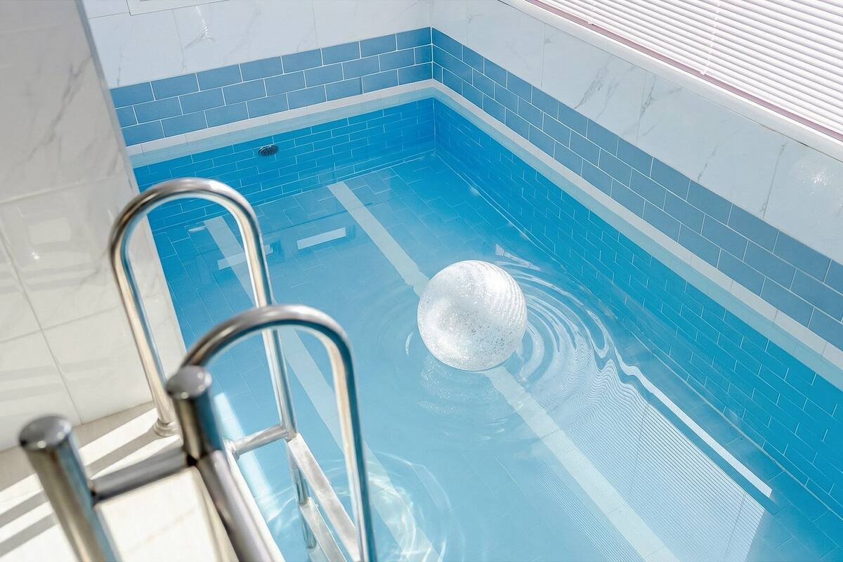 Ein Schwimmbecken mit klarem, blauem Wasser, einer Metallleiter und gefliesten Wänden.