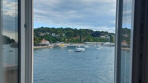 A view from a window overlooking a harbor with boats, a forested hill, and buildings in the background. - Royal Balcony al Mare (Rovinj)