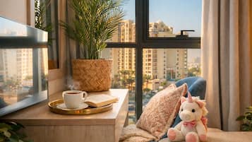 Premium bedding, memory foam beds, in-room safe, blackout drapes